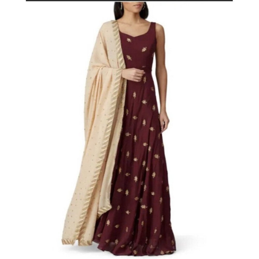 Sani Womens Maxi Dress Maroon Side‎ Pockets Printed Details Size Small